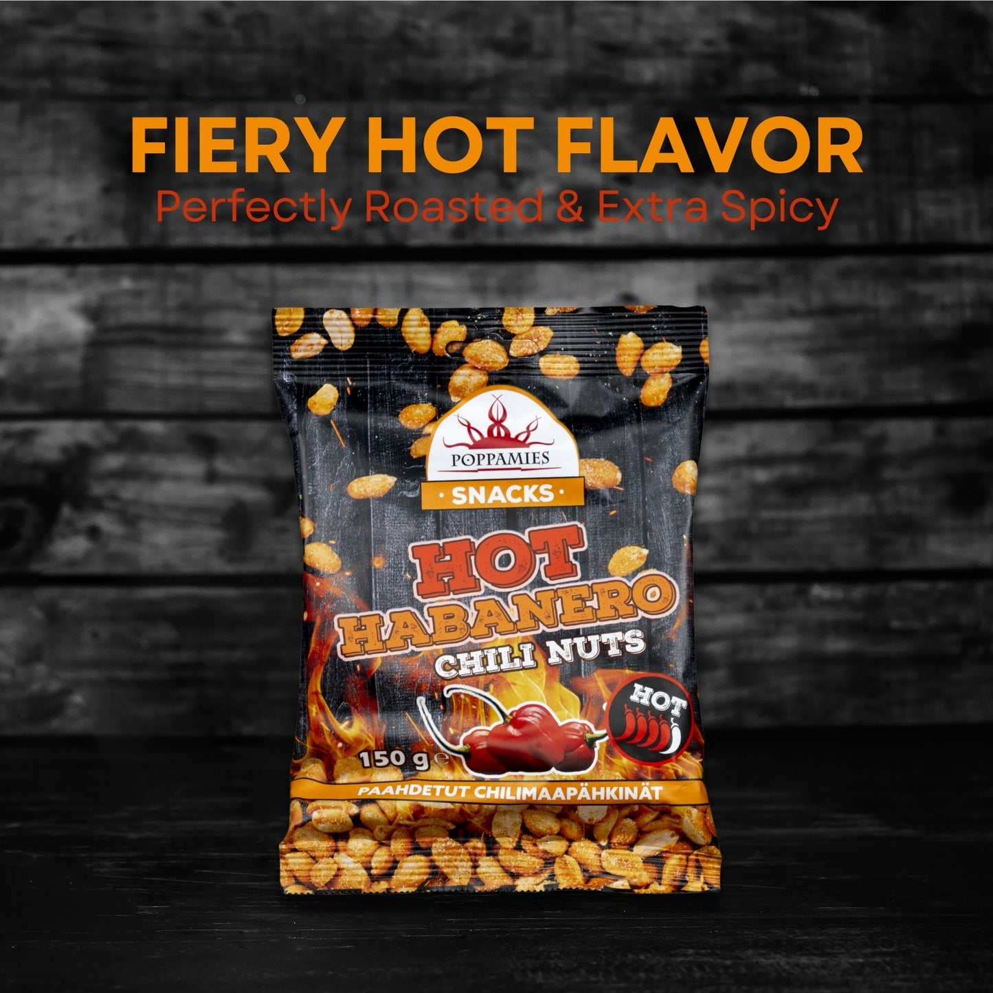 Poppamies Hot Habanero Chili nuts - Spicy Peanuts are Great choice for snacking - Gluten-Free Lactose-free Vegan - Hot Spiciness - 150g