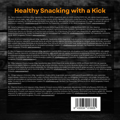 Poppamies Hot Habanero Chili nuts - Spicy Peanuts are Great choice for snacking - Gluten-Free Lactose-free Vegan - Hot Spiciness - 150g