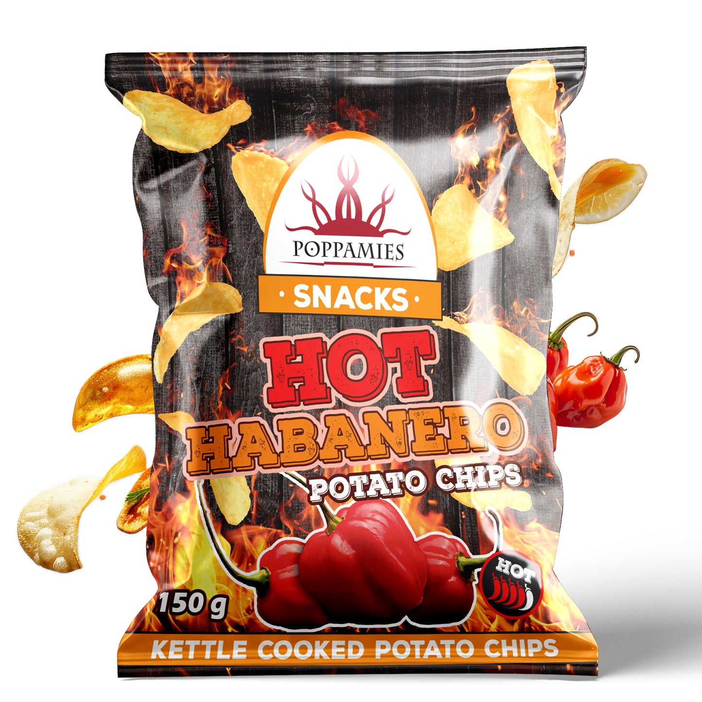 Poppamies Hot Habanero Potato Chips – Extra Spicy Thick-Cut Crispy Chips – Made with Real Habanero Chili for Fiery Heat – 150g Pack