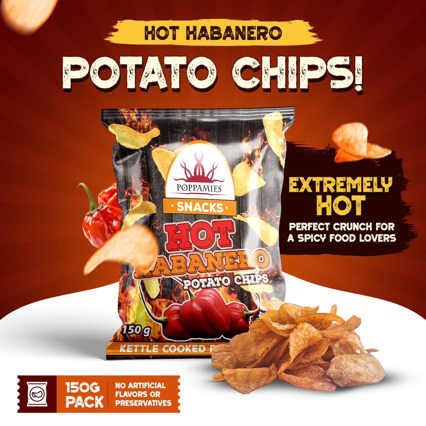 Poppamies Hot Habanero Potato Chips – Extra Spicy Thick-Cut Crispy Chips – Made with Real Habanero Chili for Fiery Heat – 150g Pack