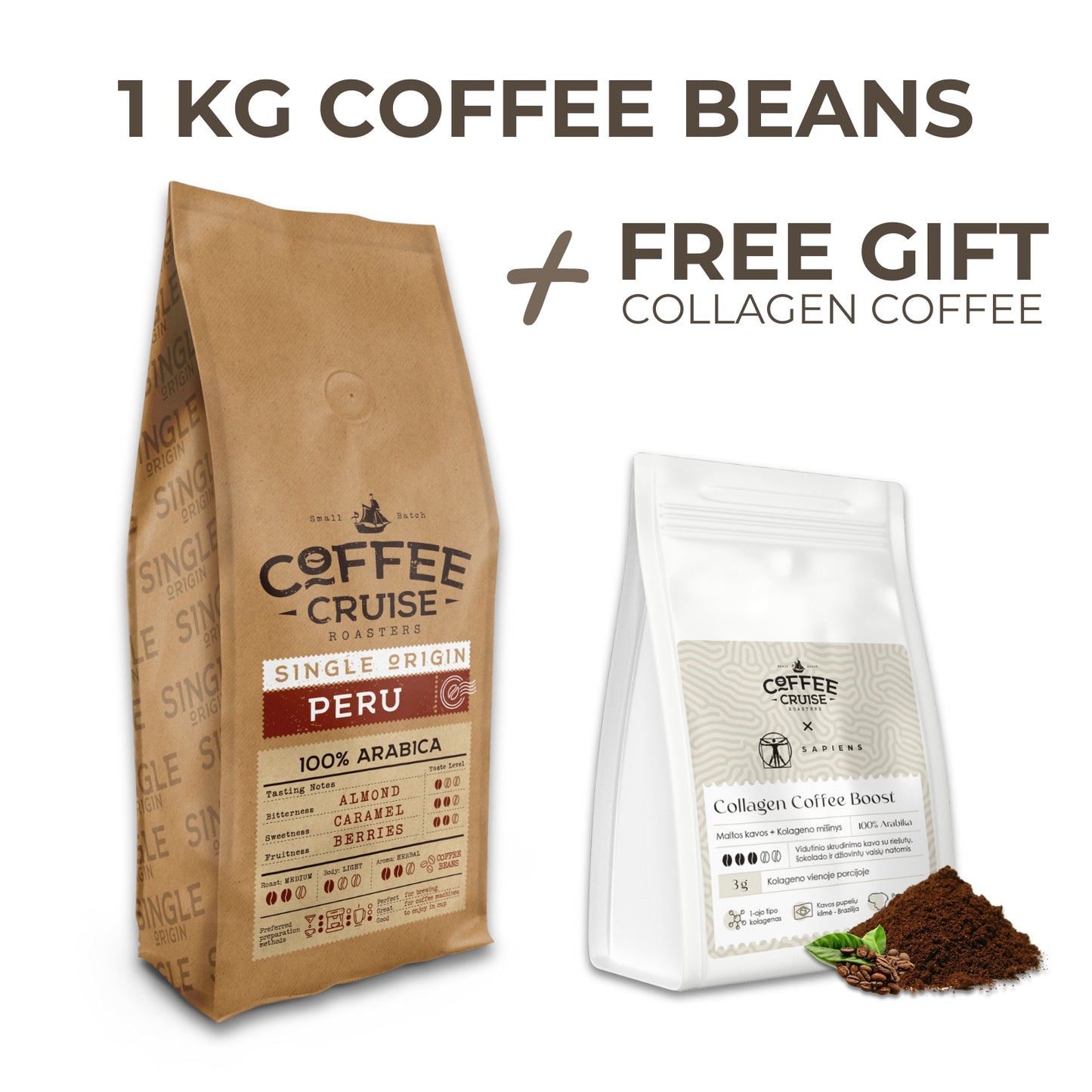 COFFEE CRUISE Peru Coffee Beans 1kg - Light Roasting - Aroma Caramel and Herbal - For All Coffee Machines - 100% Arabica