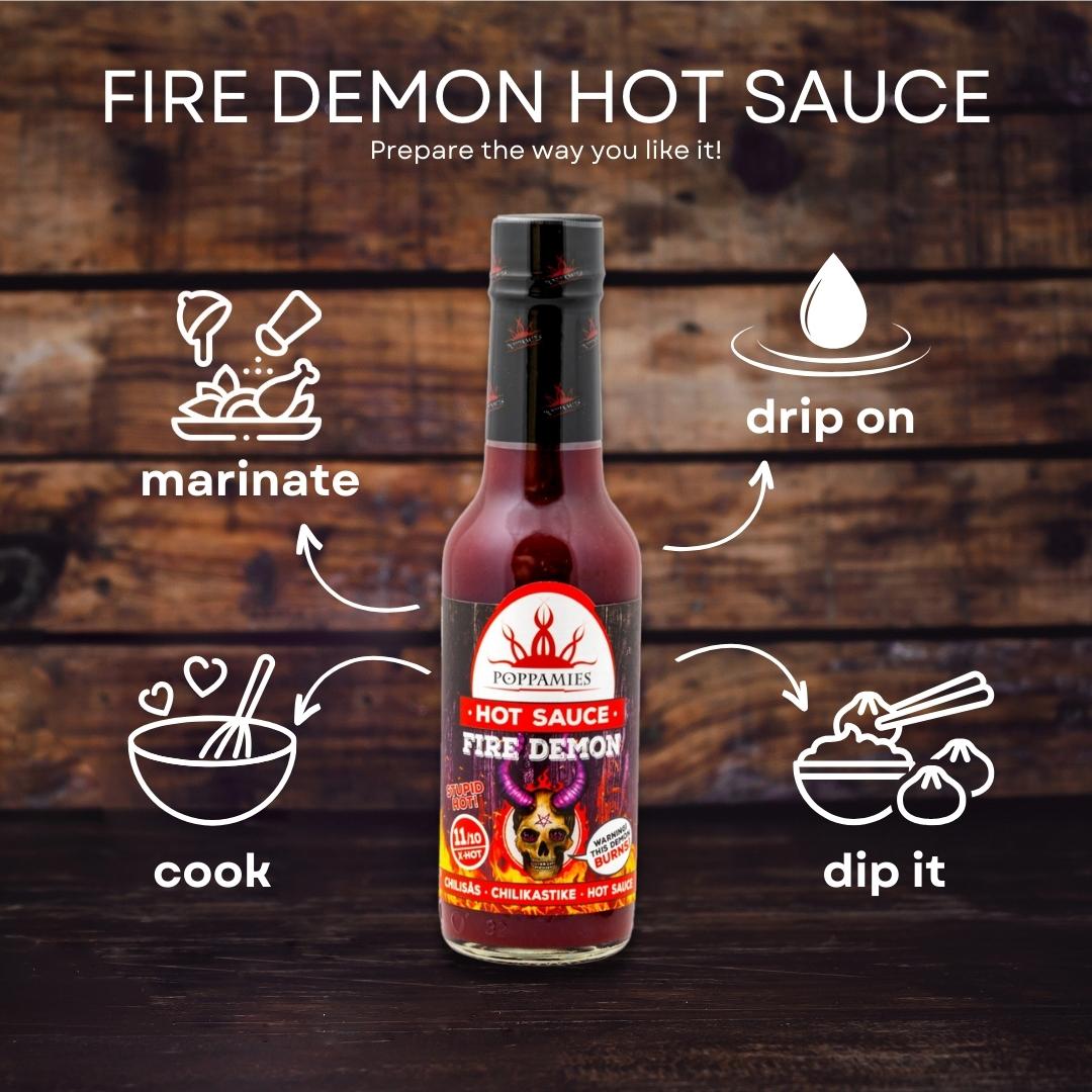 Fire demon hot sauce, vegan, gluten free, lactose free